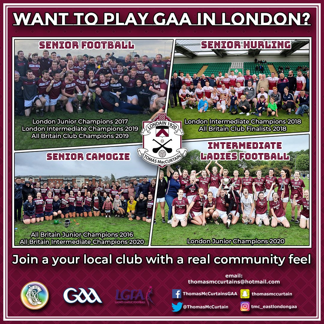 ThomasMcCurtain's tweet photo. The lockdown is over!!
Living in East London or Essex? Want to play GAA or meet new people? Join Thomas McCurtains GAA Club. We offer Senior Hurling and Senior &amp; Reserve Gaelic Football.
#4codes1club #TMC100 https://t.co/h1Zxst2pzs