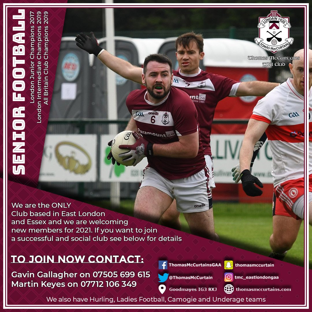 ThomasMcCurtain's tweet photo. The lockdown is over!!
Living in East London or Essex? Want to play GAA or meet new people? Join Thomas McCurtains GAA Club. We offer Senior Hurling and Senior &amp; Reserve Gaelic Football.
#4codes1club #TMC100 https://t.co/h1Zxst2pzs