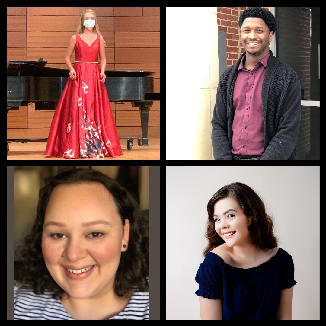 OleMissMusic's tweet photo. Congrats to these UM voice students who sang in the finals of the 2021 MS Div Natl Assoc of Teachers of Singing Competition! From top L: Madi Morris, 1st-Sr Women; Ontarius Woodland, 3rd-Jr Men; Emma Johnson, 1st-Jr Women; and Zoe Bofill, 1st Place, Younger Student Adult #ummusic https://t.co/hgxNaGISTi