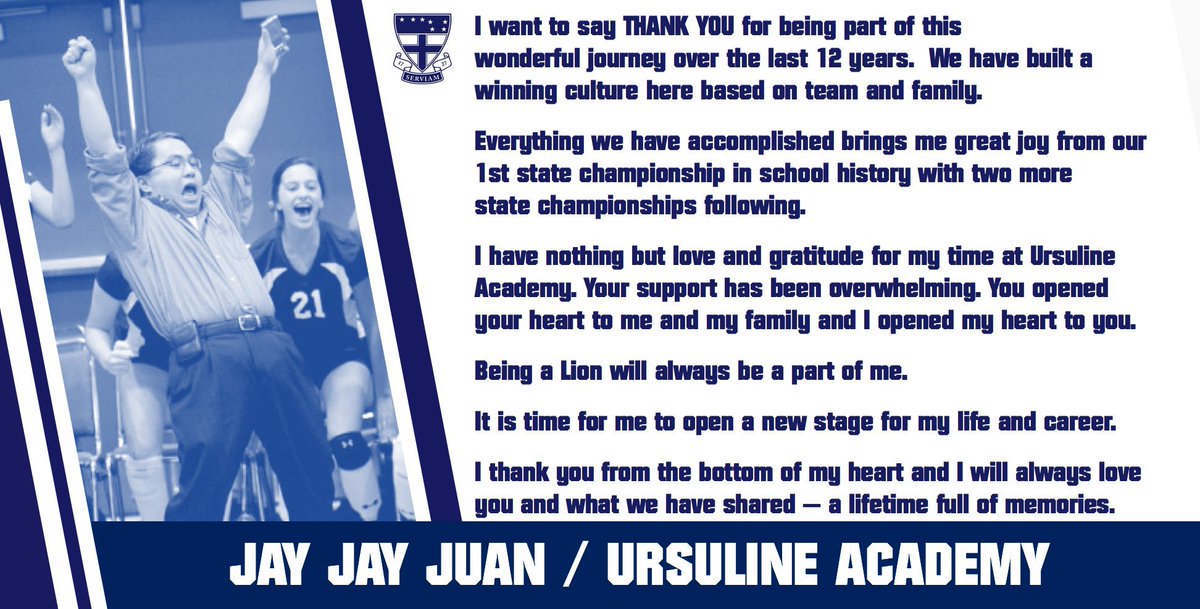 CatholicLeague_'s tweet photo. Our good friend Jay Jay Juan will be moving on from Ursuline. Coach Juan led Mt. Carmel &amp; Ursuline to multiple state volleyball championships during his Hall of Fame coaching career! All the best in your future endeavors. @UAvolleyball @AthleticsUA @volleycubs https://t.co/k90g2UaDUX