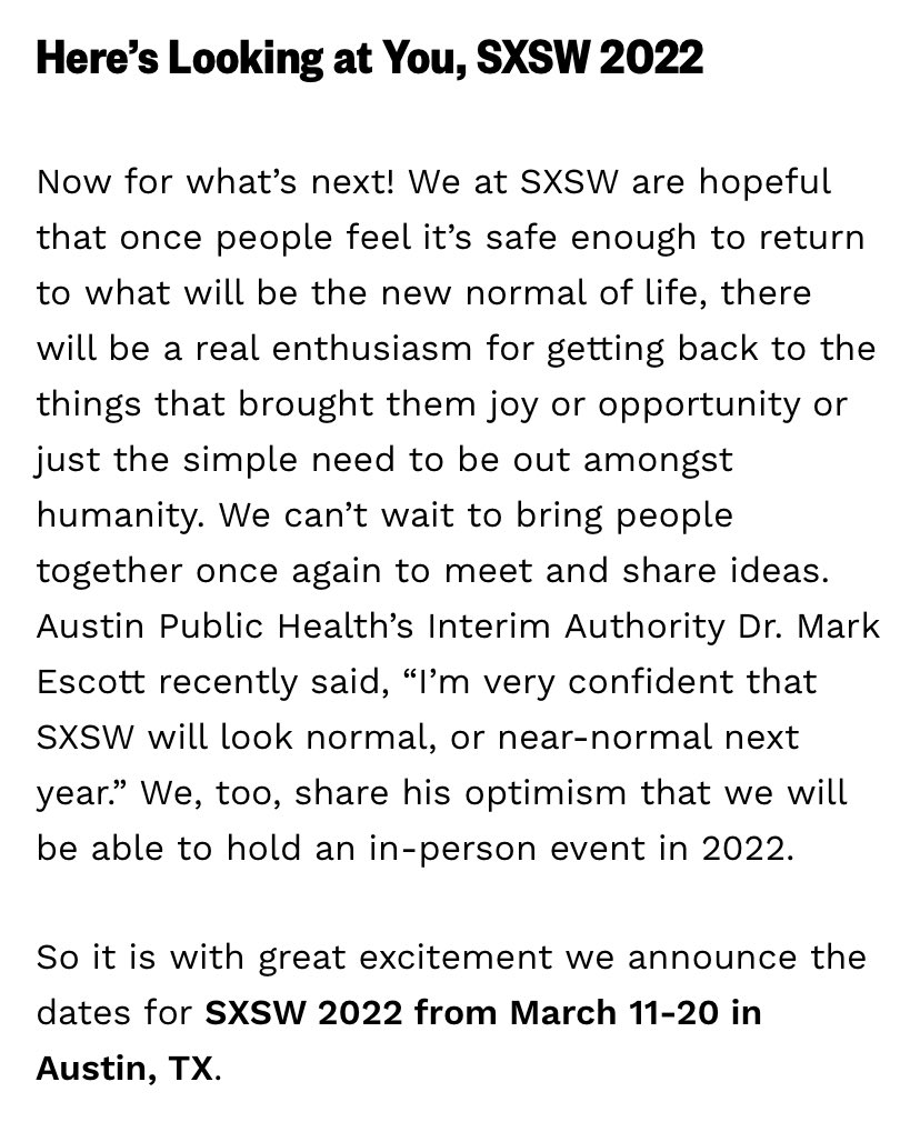 RSVPATX's tweet photo. 🚨 Positive News Alert 🚨 

@SXSW just announced that #SXSW2022 will be taking place next year from March 11-20.

@SXSW is planning on having everything back to normal and in-person for #SXSW 2022. https://t.co/1Z0oqnkkSZ