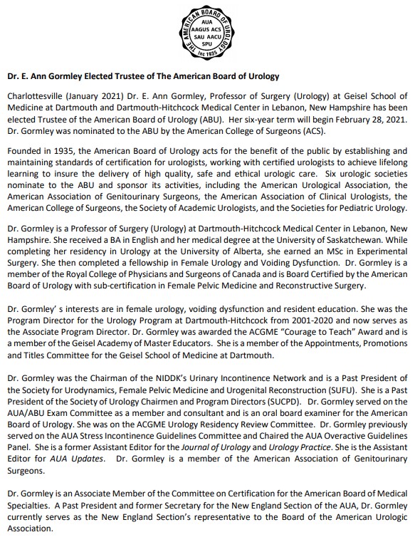 A belated congratulations to Dr. Gormley for being elected Trustee of the American Board of Urology! <a href="/AnnGormley1/">Ann Gormley</a> <a href="/ABUrology/">ABU</a> #congrats #urology