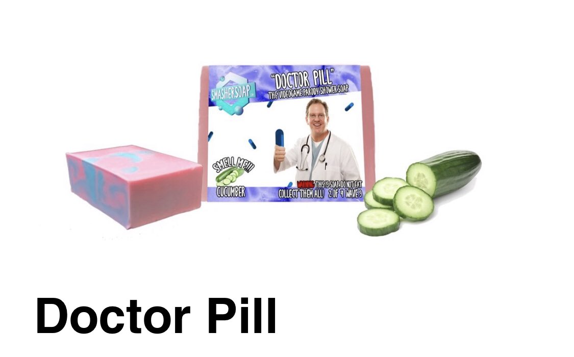 smashersoap's tweet image. Doctor Pill is here to elevate your shower game. Pill made this soap himself, the greatest non-licensed doctor to live. He whispers “become the anti-body son” as you inhale the refreshing cucumber scent. This soap will disrupt all your gamer sweat from recovering back on stage.