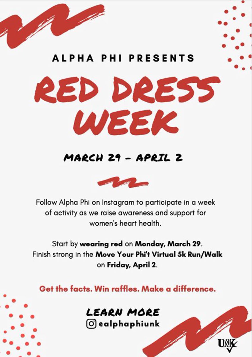 Alpha Phi is hosting Red Dress Week to help raise money for women’s heart health! On April 2, the main event is a virtual 5k, Move Your Phi’t. Register for a ticket and raffle prizes using the link below!                                               alphaphiunk.givesmart.com
