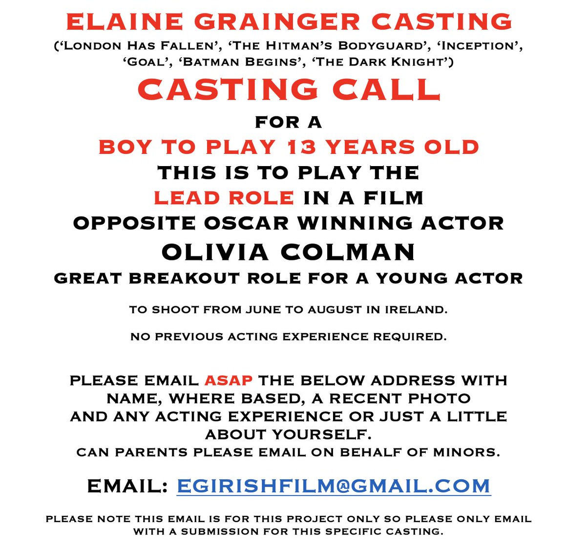 Thanks for much for the terrific response on our last casting, we found some brilliant people and are now cast on that project.
We're just starting a search on new feature film, a very exciting role playing opposite Olivia Colman.
See ad below, please share and and get in touch!