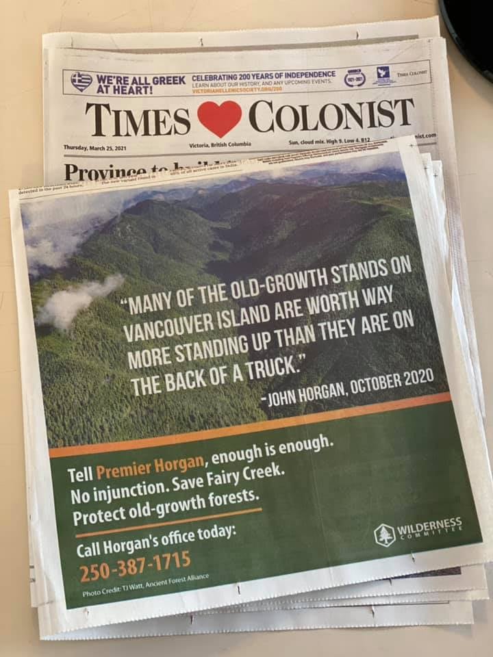 "Many of the old-growth stands are worth way more standing up than they are on the back of a truck" - <a href="/jjhorgan/">John Horgan</a>, October 2020. 

The premier of BC said these words, but has done nothing to live up to them. 

We ran this ad for the last two days. Please give his office a call.