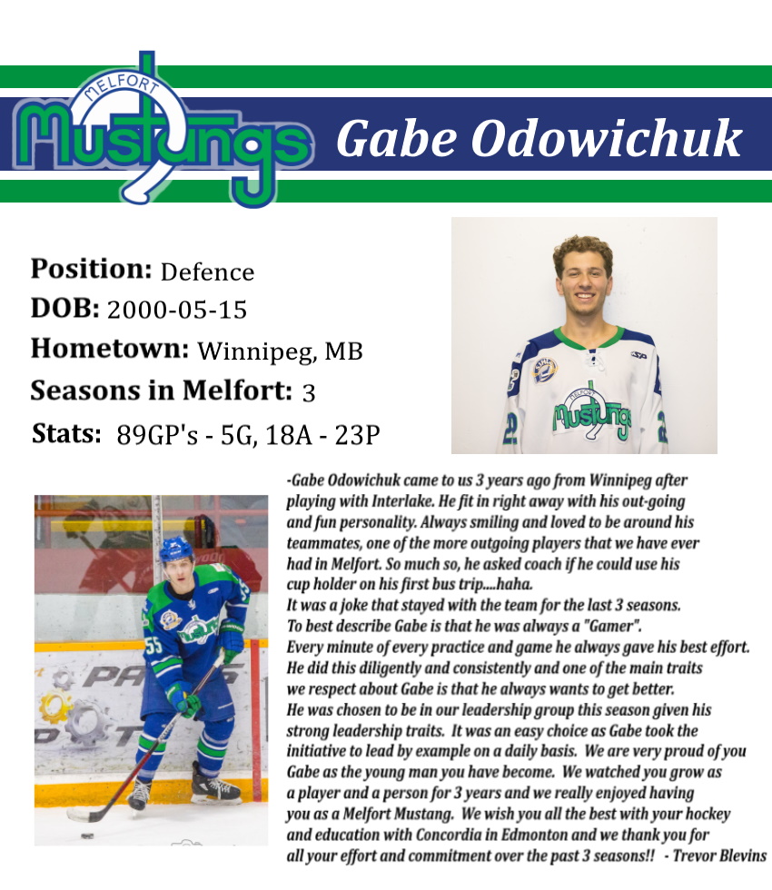 SJHL_Mustangs's tweet photo. Thank you Gabe! With our season officially over we want to take some time to thank and spotlight our graduating 20-year-old players you may not have gotten to see play hockey this year! First up is Gabe Odowichuk from Winnipeg! https://t.co/FYpVUMdbLR