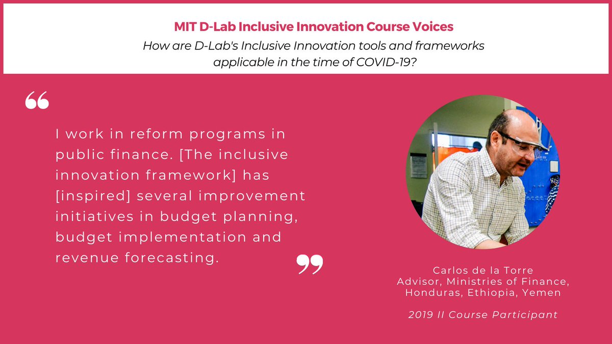 MITProfessional's tweet image. This week’s #MITDLab Inclusive Innovation Course Voices Series feature is Carlos de la Torre, an Advisor at the Ministries of Finance in Honduras, Ethiopia, and Yemen for @DFID_UK. Register for our #InclusiveInnovation course at bddy.me/2OOy1qw.