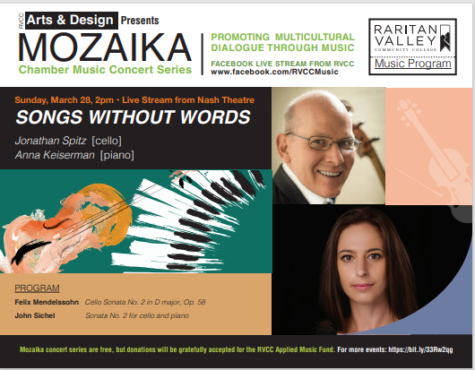 Fifth Offering in Mozaika Series from RVCC Please join us this Sunday, March 28, at 2:00 p.m. as our next Mozaika Chamber Music Concert, Songs Without Words, streams on Facebook. conta.cc/3lUw1ZS