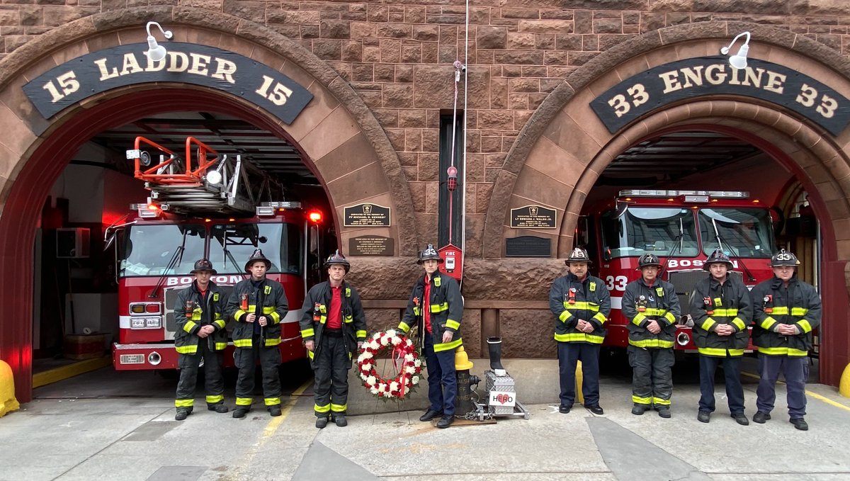 BostonFire's tweet photo. A moment of silence and a wreath was laid to honor the memories of Lt. Ed Walsh and FF. Michael Kennedy, gone too soon. Rest in Peace , they will Never be Forgotten. ⁦⁦@BostonFireC1⁩ ⁦@LOCAL_718⁩ ⁦@CityOfBoston⁩ https://t.co/se9fQTXb1v