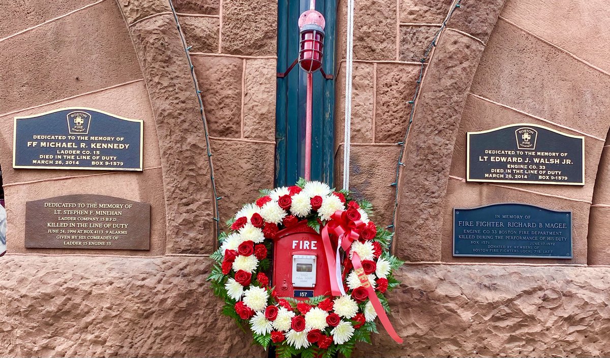 BostonFire's tweet photo. A moment of silence and a wreath was laid to honor the memories of Lt. Ed Walsh and FF. Michael Kennedy, gone too soon. Rest in Peace , they will Never be Forgotten. ⁦⁦@BostonFireC1⁩ ⁦@LOCAL_718⁩ ⁦@CityOfBoston⁩ https://t.co/se9fQTXb1v