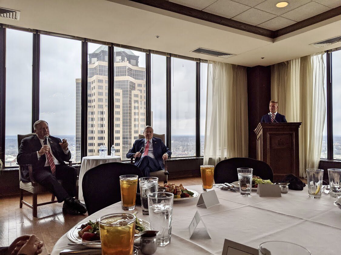 BullMooseClub's tweet photo. Bull Moose was honored to host fmr US Secretary of State @MikePompeo and fmr. Ambassador @TerryBranstad today for lunch and discussion on US-China relations, national security, and Iowa's connection to the world. Thank you! https://t.co/GpBDG7iFD4
