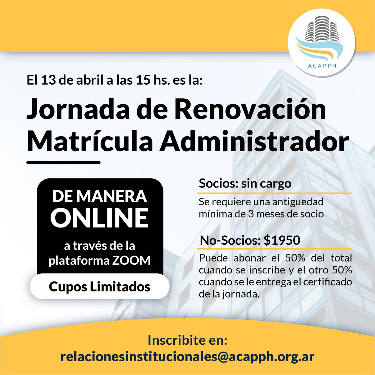 acapph's tweet photo. 📲 El Martes 13 de Abril a las 15hs se llevará a cabo la "Jornada de Renovación de Matrícula"

El evento se realizara via Zoom

Para Inscribirte o consultas escribinos a : relacionesinstitucionales@acapph.org.ar https://t.co/CFzW1ivsj2