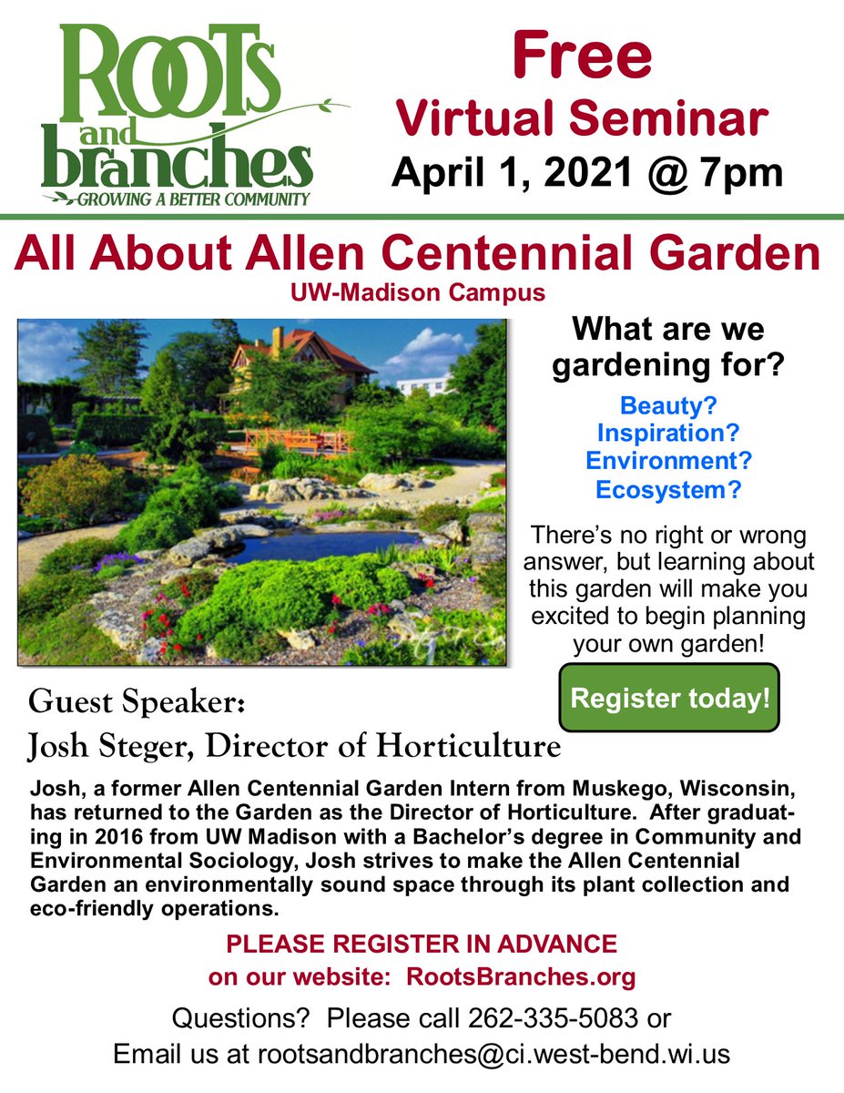 rootsbrancheswi's tweet photo. Mark your calendars for our next seminar, All About Centennial Garden on April 1st at 7pm!  This will give you all the inspiration you need to plan your garden! https://t.co/bpi0rIVpCZ