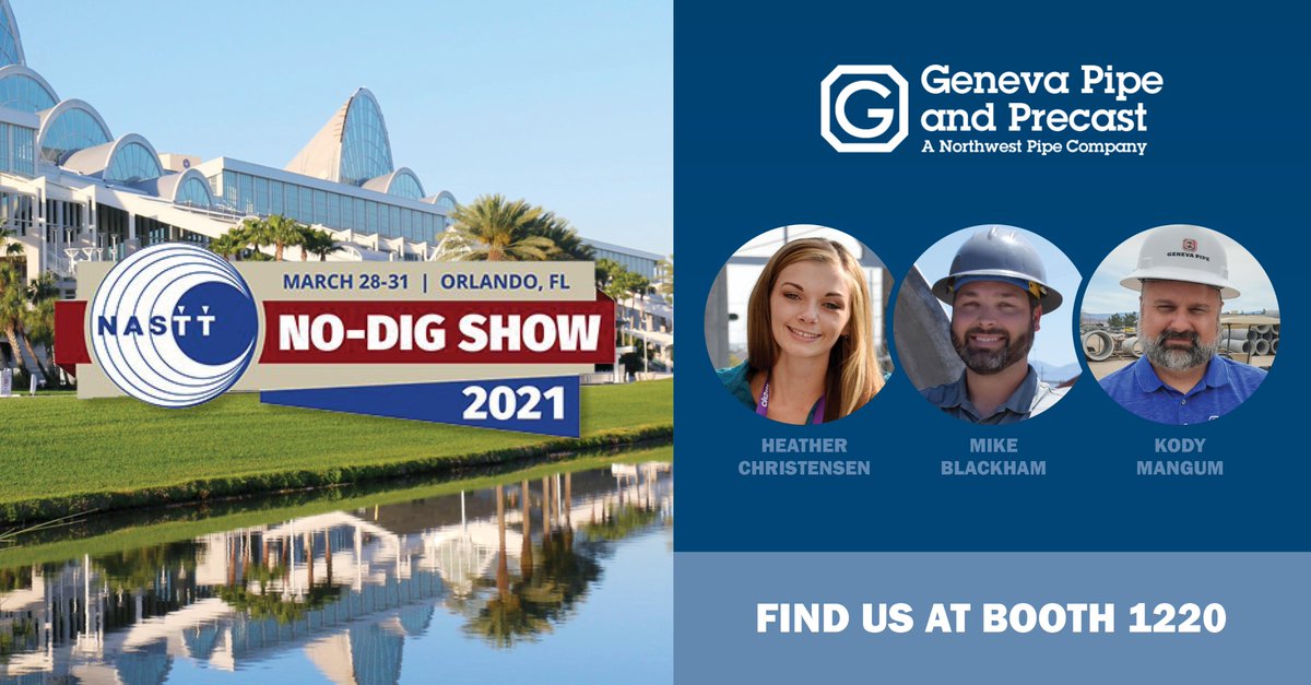 nwpipe's tweet photo. See you this Sunday at @NoDigShow in Orlando! Come visit Heather, Kody, and Mike at booth #1220 for the scoop on our latest concrete trenchless solutions. For more information about No-Dig 2021 visit: https://t.co/8UrON1rx8A
#nodig2021 #trenchless #precast https://t.co/AX3rjBM3P4