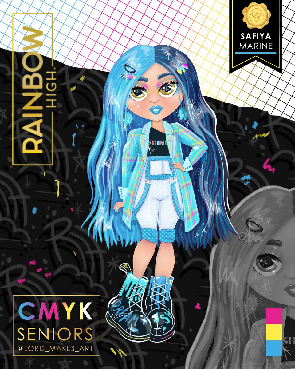 Lordearlofart's tweet photo. Fine art major, Safiya, loves working in mixed media and is not afraid to get messy with her artwork! Her self expression also shines through in her eclectic punky fashion style!
💙🦋🎨
I’d love to hear what y’all think! 
#RainbowHigh #TurnYourColorUp https://t.co/5uujp2IaPd