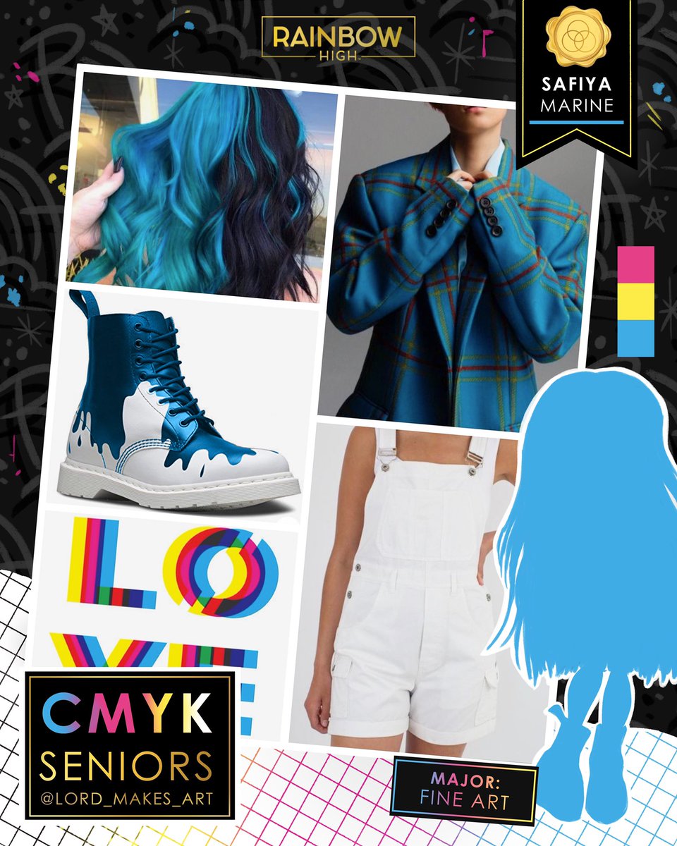 Lordearlofart's tweet photo. Fine art major, Safiya, loves working in mixed media and is not afraid to get messy with her artwork! Her self expression also shines through in her eclectic punky fashion style!
💙🦋🎨
I’d love to hear what y’all think! 
#RainbowHigh #TurnYourColorUp https://t.co/5uujp2IaPd