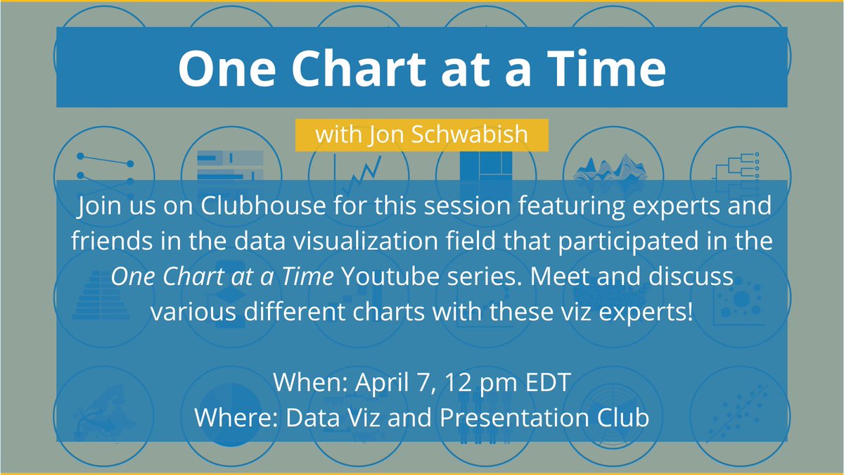 jschwabish's tweet photo. Sad that the #OneChartAtATime series is winding down? 😢

Don't worry because a bunch of the contributors are going to join me on a @joinClubhouse chat on Wednesday, April 7 at 12p EDT. I hope you can join us!
🎉🎉🎉🎉🎉 https://t.co/6P7qvncQaJ