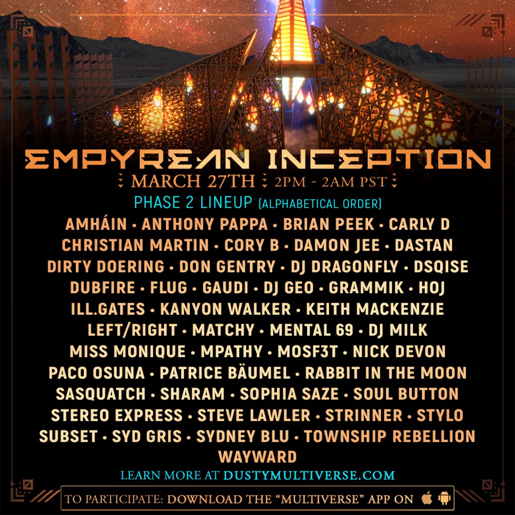 burningman's tweet photo. Get ready for Empyrean Inception tomorrow, March 27th from 2pm-2am PST // 11am-11pm EST. This free, virtual festival is raising funds for the next Burning Man Temple. Dozens of artists will spin live sets across 9 stages. See you there? https://t.co/Sqd0FnGkGi🔥🔥 https://t.co/SYUhzuhjZ2