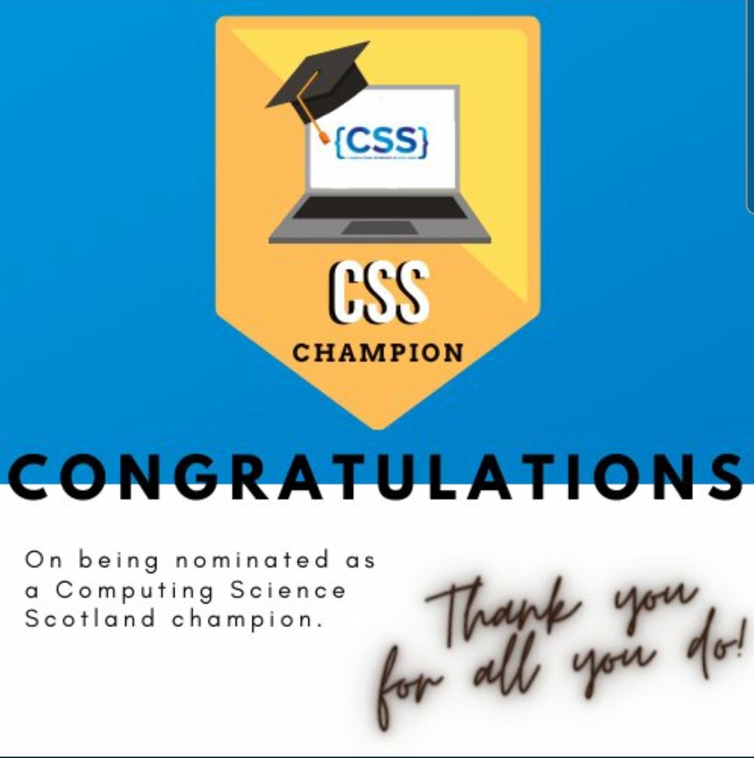 CompSciScot's tweet photo. Congratulations to @ramsayjan "So innovative and creative with lessons and resources and achieving a 50/50 split of male and female in some of her classes! Always keen to share and support the Computing Science community. π"
#csschampion https://t.co/cc7ARRxyIy
