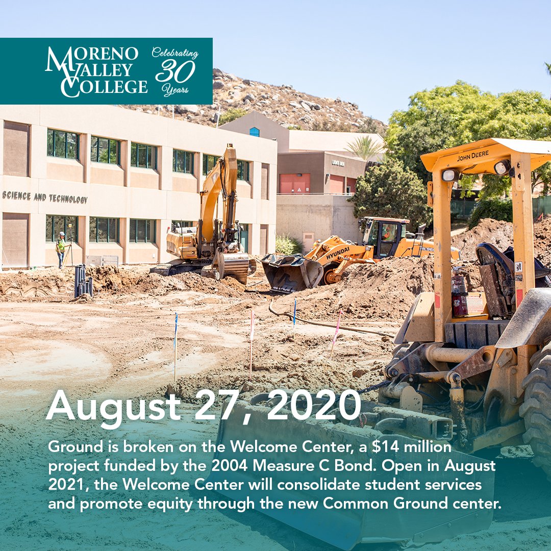 mvcollege's tweet image. Celebrating #30YearsAtMVC! On August 27, 2020, ground was broken on the Welcome Center, a $14 million project funded by the 2004 Measure C bond. Scheduled to open August 2021, the building will consolidate student services and promote student equity.
