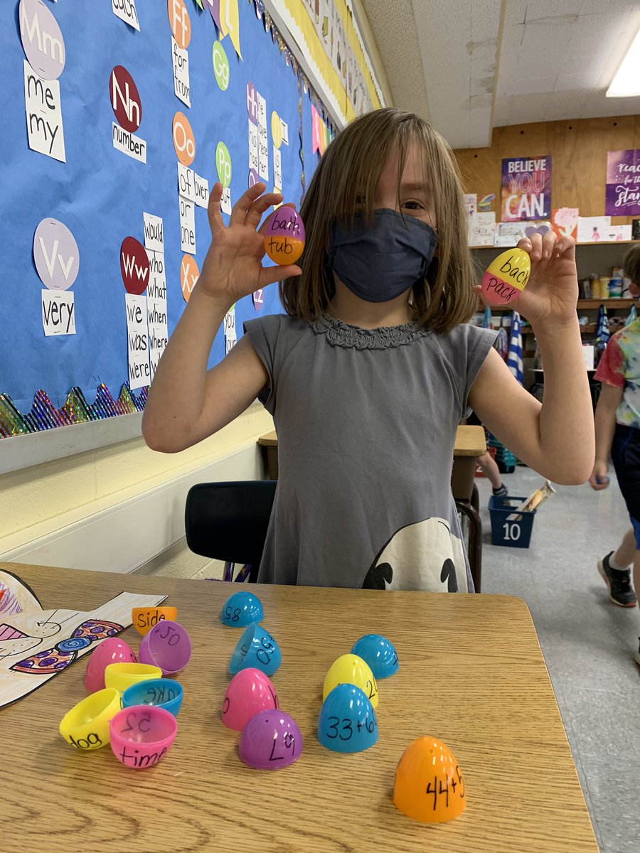 Ms_Waring's tweet photo. We had the best day using Easter eggs to hunt for compound words and solve math equations! We also completed a STEM challenge by building houses for our peeps🐥 https://t.co/tx20XiHOly