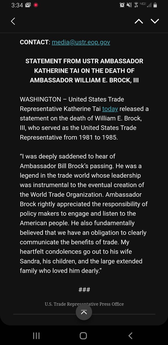 tradereporter's tweet photo. New @USTradeRep Katherine Tai mourns the passing of former Sen. Bill Brock, who was USTR from 1981 to 1985, during President Ronald Reagan's first term. https://t.co/ucWhKzjBmc