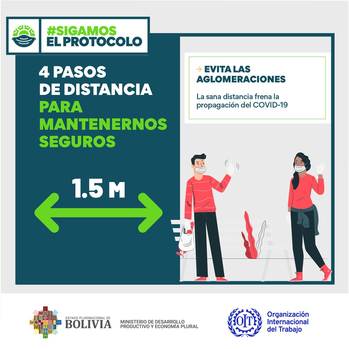 MPSMAyABolivia's tweet photo. 🔹 El Ministerio de Desarrollo Productivo y Economía Plural aconseja que #SigamosElProtocolo evitando aglomeraciones. La sana distancia frena la propagación del #COVID19 

#UnidosContraElCovid 🤝
#VamosASalirAdelante ✊ https://t.co/PpHPWAK4U4