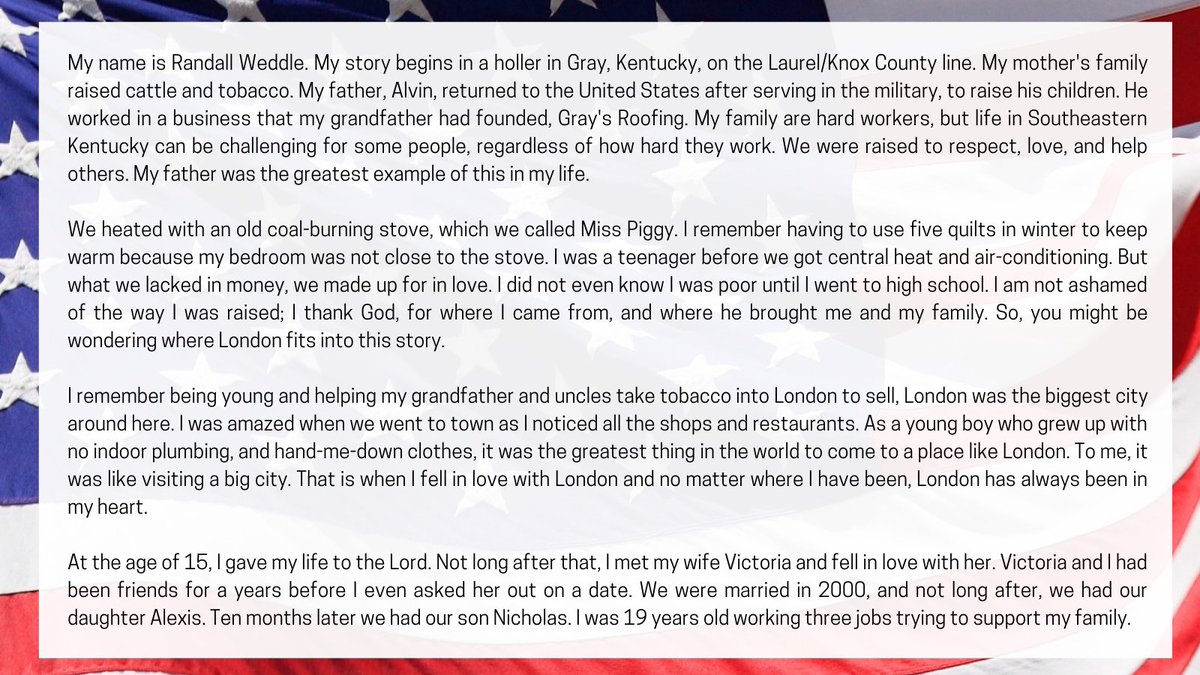 VoteRandallW's tweet photo. I am Randall Weddle. I'm running for Mayor of London, Kentucky, and this is my story. #voterandallweddle #londonkentucky #mayoroflondonkentucky #randallweddle #voterandallweddle2022 https://t.co/mxDkam4Mgs