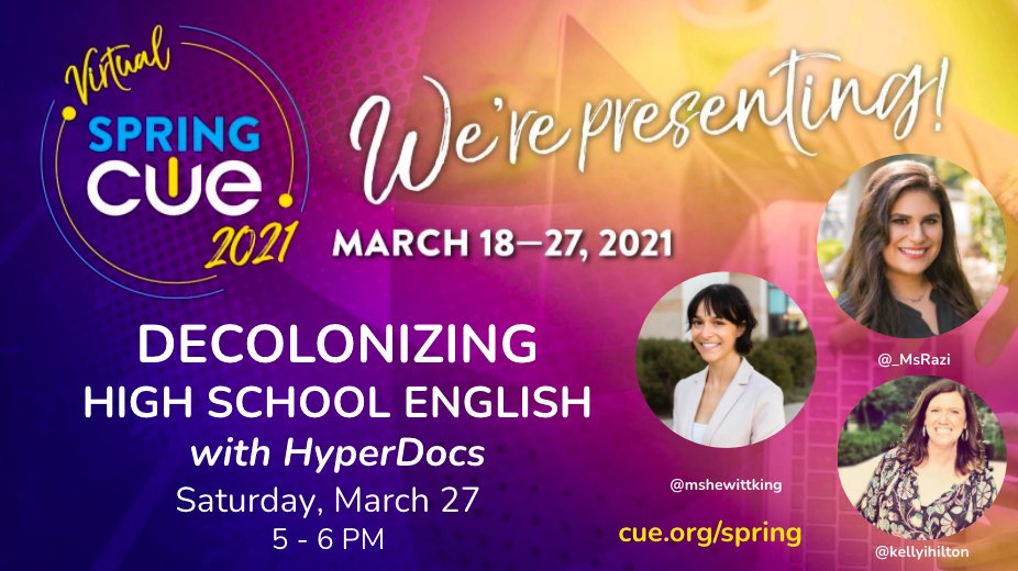 _NadiaRazi's tweet image. One more #SpringCUE21 session for you before we close out the conference, and this one is my pride and joy! 🖤

See you tomorrow for Decolonizing HS English with #HyperDocs with @kellyihilton and @mshewittking @cueinc @EBCUE @TeachPlusCA