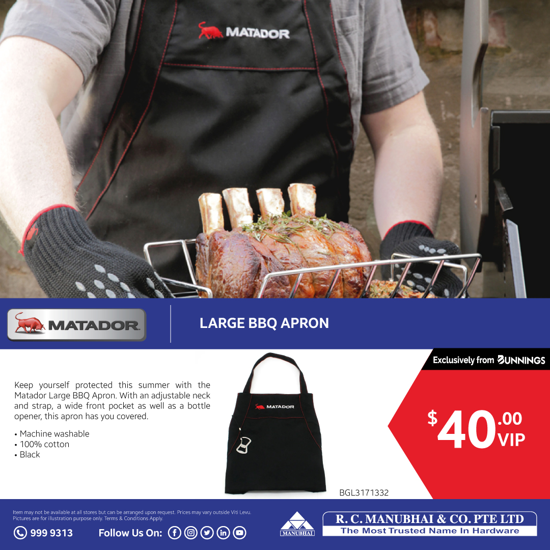 rcmanubhaifiji's tweet photo. Keep yourself protected this summer with the Matador Large BBQ Apron. With an adjustable neck and strap, a wide front pocket as well as a bottle opener, this apron has you covered. Check it out at an R.C. Manubhai outlet today! #RCManubhai #MostTrustedNameInHardware #MatadorApron https://t.co/1bTcVIi10x