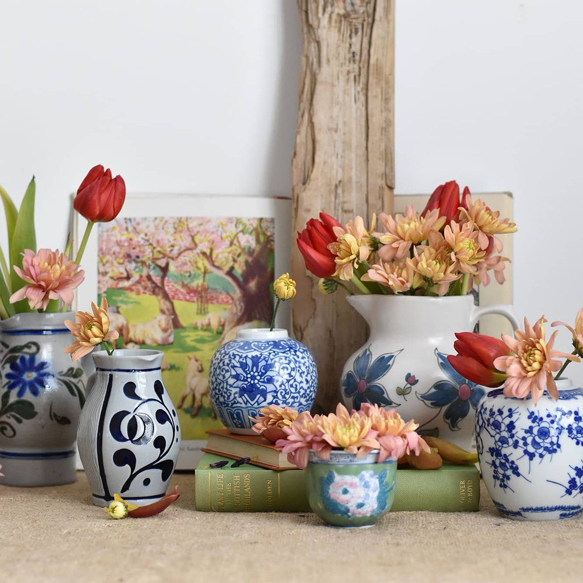 Jars &amp; Jugs... A collection of beautiful blue floral vessels to create a Spring-time display. The jugs are available to purchase now from our website (link in bio) and the jars will be available from tomorrow #virtualvintage   #vintageflorals #vintageflowers #florals #spring