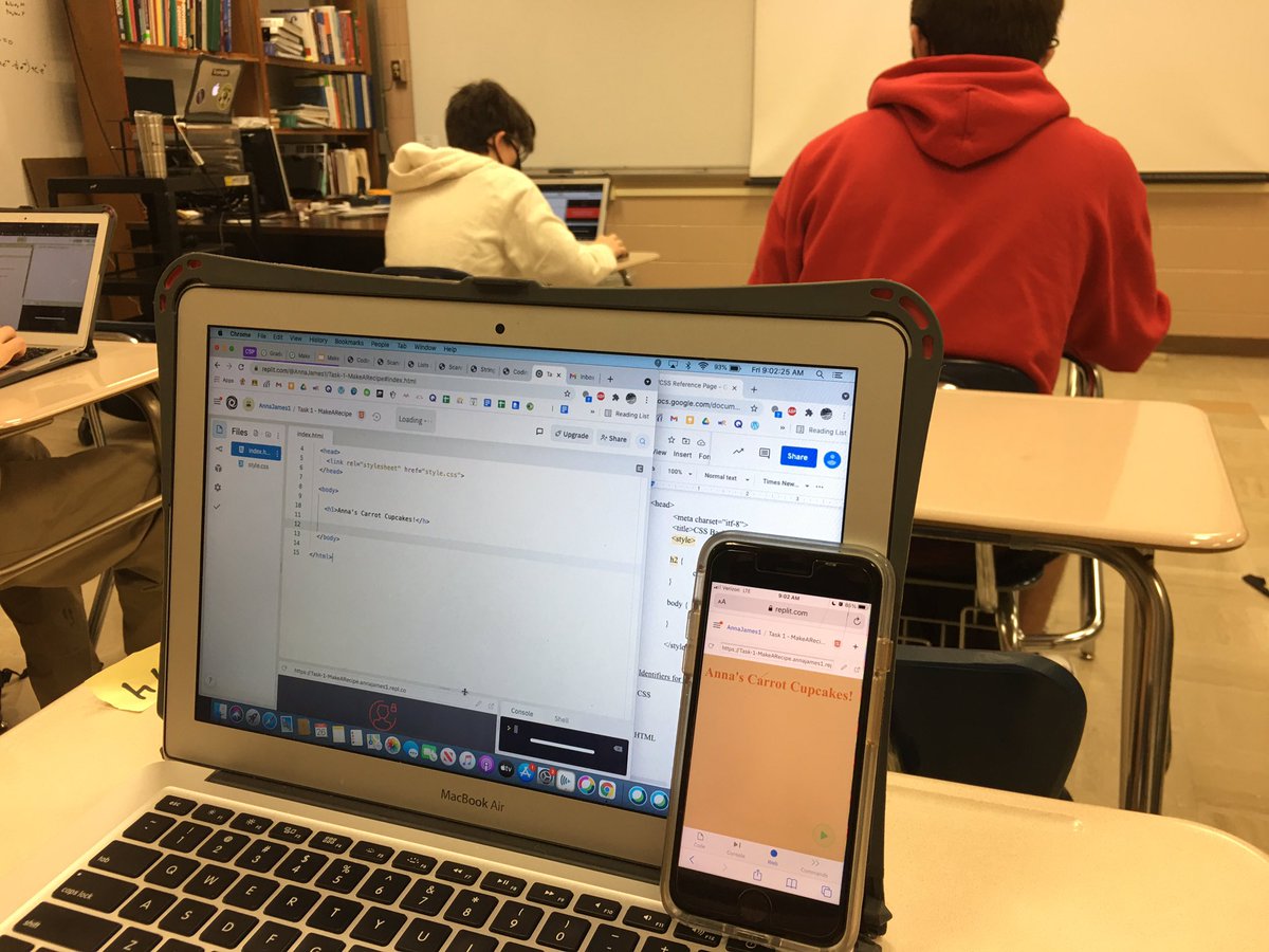 Building websites in CS Principles - checking results on the (actual) web via iPhone.  Thanks, technology (and Anna James)!  And now we want cupcakes...