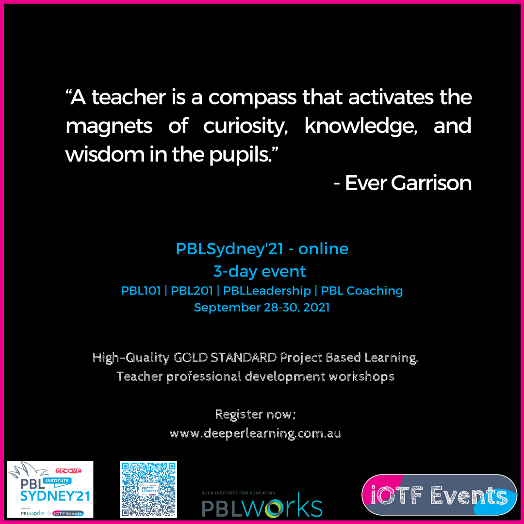 Join us for a PBLWorks 3-day workshop with iOTF Events online in September, AEST
deeperelearning.com.au 
#iOTFEvents #PBLSydney #PBLDownUnder #PBLWorks #iOnTheFuture #deeperlearning.com.au  #NSWDoE    #GreatPlacetoWork
#TeacherProfessionalLearning
