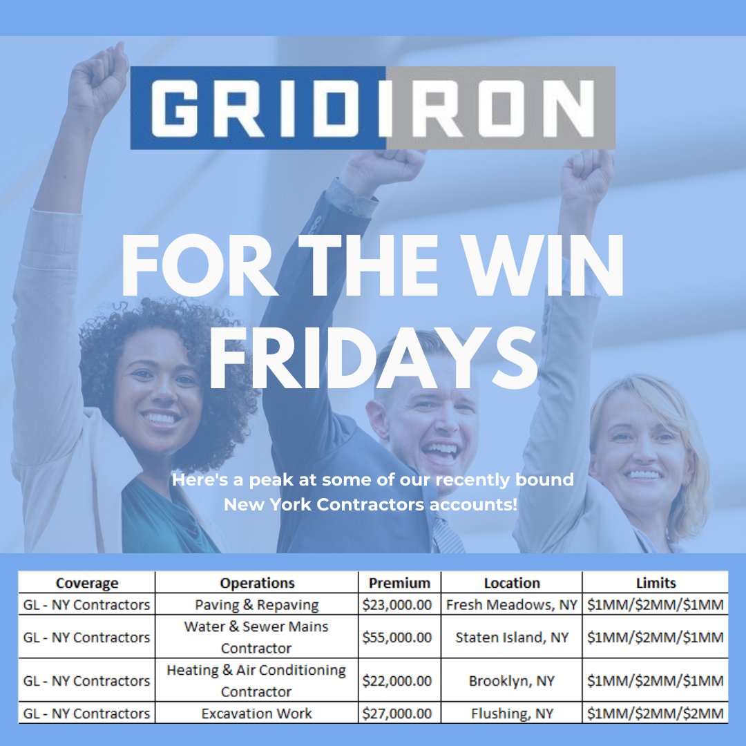 Gridironins's tweet photo. Happy FridYAY!! Check out our recently bound New 
 York Contractors accounts- Contact us today for your insurance needs!  #gridironins #hitlist #gridironinsuranceunderwriters #ftwfriday #NYcontractors https://t.co/oCukLavZFZ