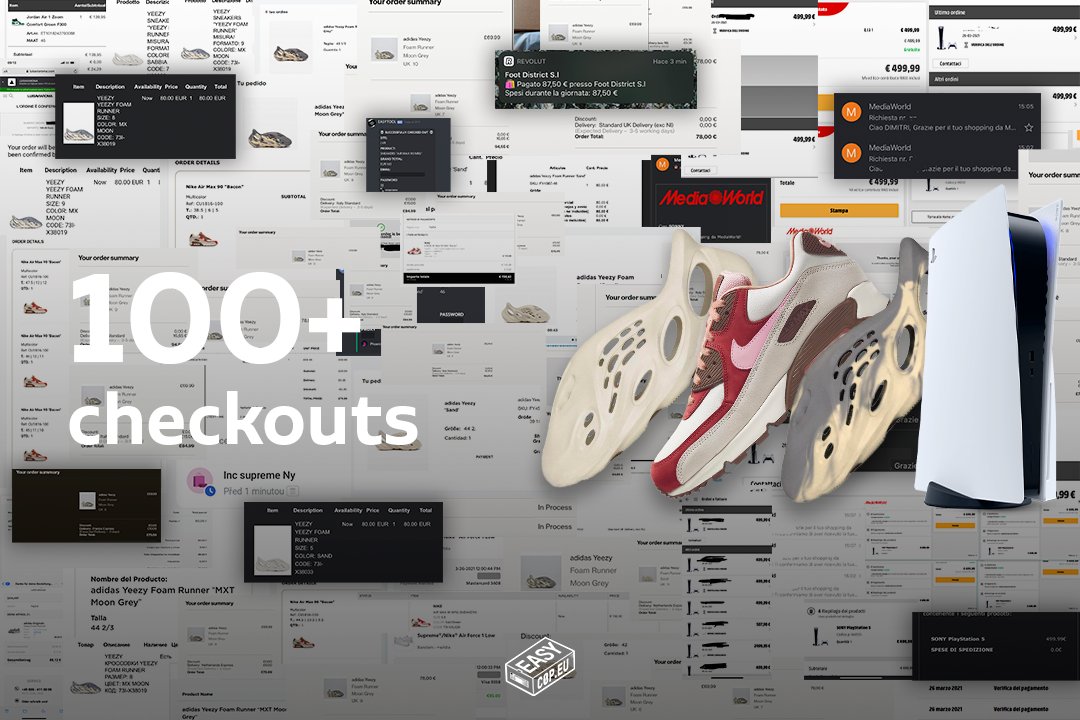 What a day!

Easycop member feast today with over 100 manual checkouts. Foamrunners/bacon &amp; PS5. 

Are you ready for the next drop? We are!

Like and retweet for a chance to join us! 🥳
