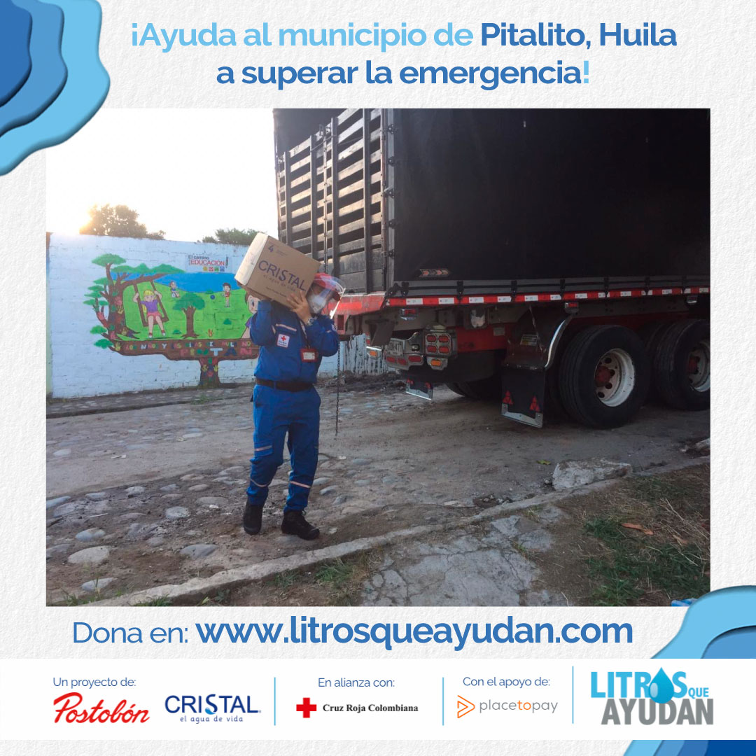 En Pitalito, Huila, más de 1.500 familias necesitan tu solidaridad. Por cada 4 mínimos vitales que dones, <a href="/postobonoficial/">Postobón empresa</a> donará uno adicional de Agua Cristal y así multiplicaremos tu solidaridad <a href="/cruzrojacol/">cruzrojacol</a>. Haz tu donación en litrosqueayudan.com.
#LitrosQueAyudan