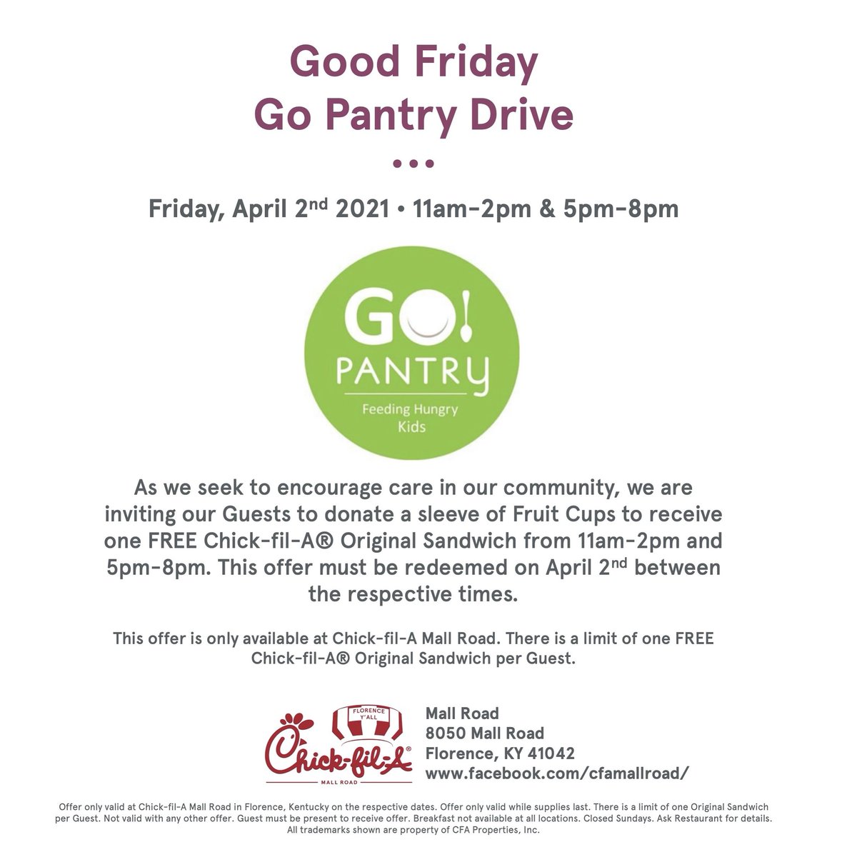 Help us in serving our local community next Friday! Donate a sleeve of fruit cups and receive a FREE Original Sandwich in return. 💚#chickfilamallroad #gopantry #free