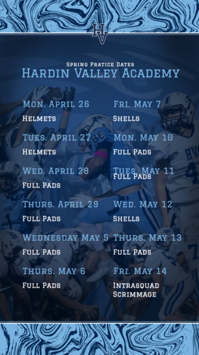HVA_Football's tweet photo. Spring Practice is just around the corner! Here are the dates and attire for all Hawk Spring Football Practices! #GoHawks https://t.co/RxL7l0Ztbq