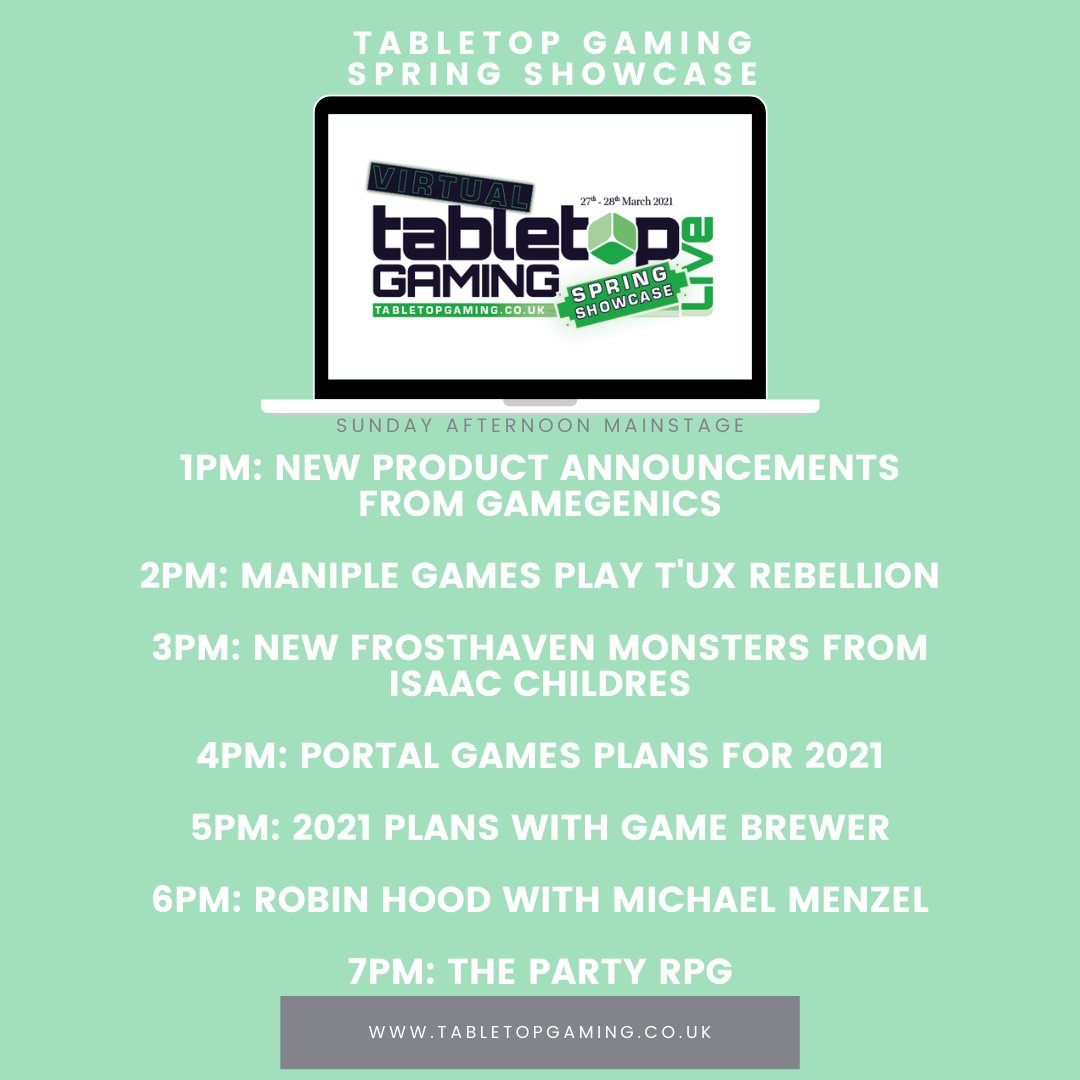 TabletopMag's tweet photo. What a weekend we've got planned! Check out our Spring Showcase mainstage schedule, and don't miss out. Plus, there's even more available over the weekend, so check out https://t.co/elq2UWreMl to avoid FOMO!
-
-
#springshowcase #tabletopgaming #boardgames #mwg #TTGSpringShowcase https://t.co/pUlCctjkg0
