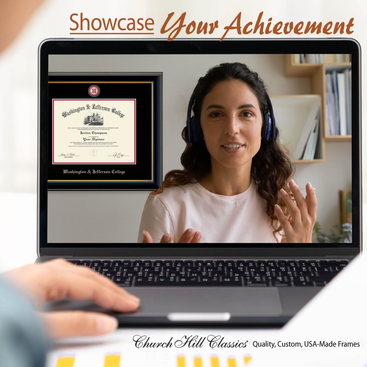 wjcampusstore's tweet photo. Set the stage for your next virtual meeting or interview—perfectly display your hard-earned @wjcollege credentials for all to see! #PrezPride #washjeff #dubjay #Classof2021 #PerfectGradGift #Grad2021 #EarnItFrameIt @diplomaframe 🎓🎉🎓 https://t.co/Tzexe9pCqY