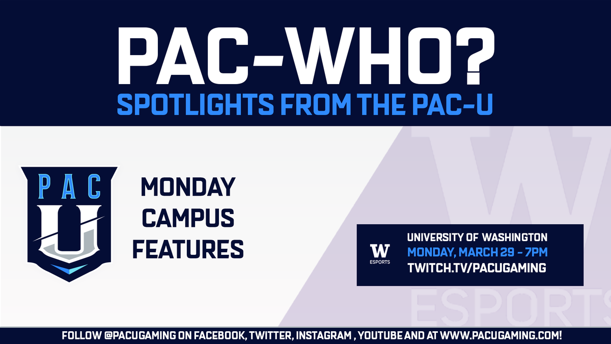 👀 Campus Feature on UW Esports!

This Monday night will be the Pac-U's next Campus Feature.  

Visit the Pac-U Twitch to see the feature on <a href="/UofWAesports/">University of Washington Esports</a>.  Hear from student leaders and alumni who now work in the gaming field.

📺 twitch.tv/pacugaming
⏰ Monday, March 29, 7pm