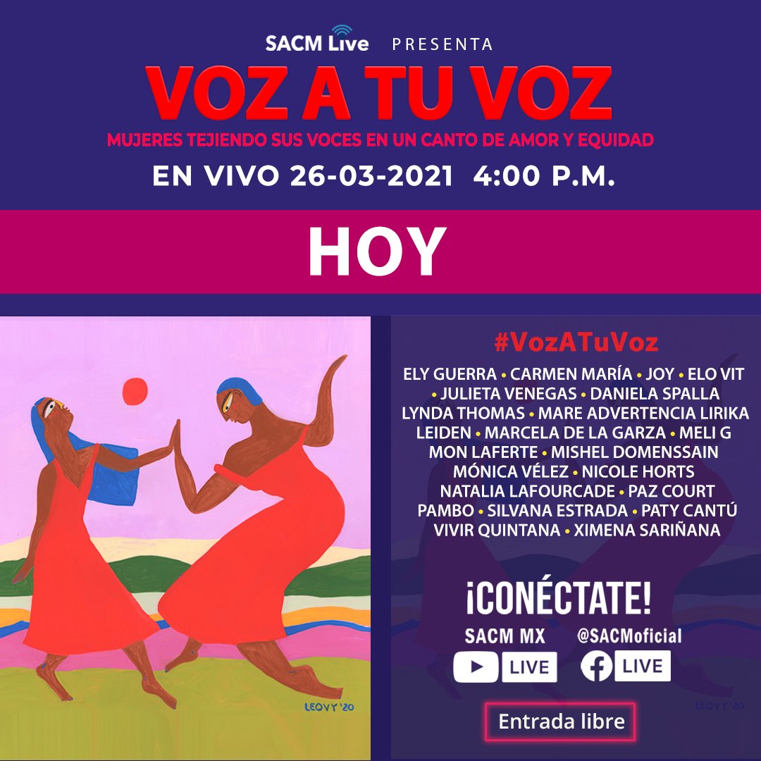 SACM_Oficial's tweet photo. ¡Tercera llamada! Mujeres tejiendo sus voces para darle #Vozatuvoz.  

Más de 20 Cantautoras y más de 3 horas de música. ¡No te lo puedes perder! 

HOY, a partir de las 16:00 horas, conéctate a través de Facebook Live (@SACMoficial) y YouTube Live (SACM MX). ¡La entrada es libre! https://t.co/2rAZj9gmp1