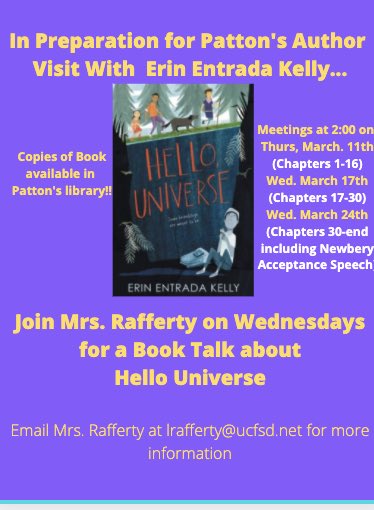 Thanks to the Hello Universe Book club. My spent time with you diving into Hello Universe made yesterday’s visit by ErinEntrada Kelly very special. I learned a great deal from each of you. Join me on Wednesdays on March for Our book club on Dry.  @erinentrada @PattonHawks