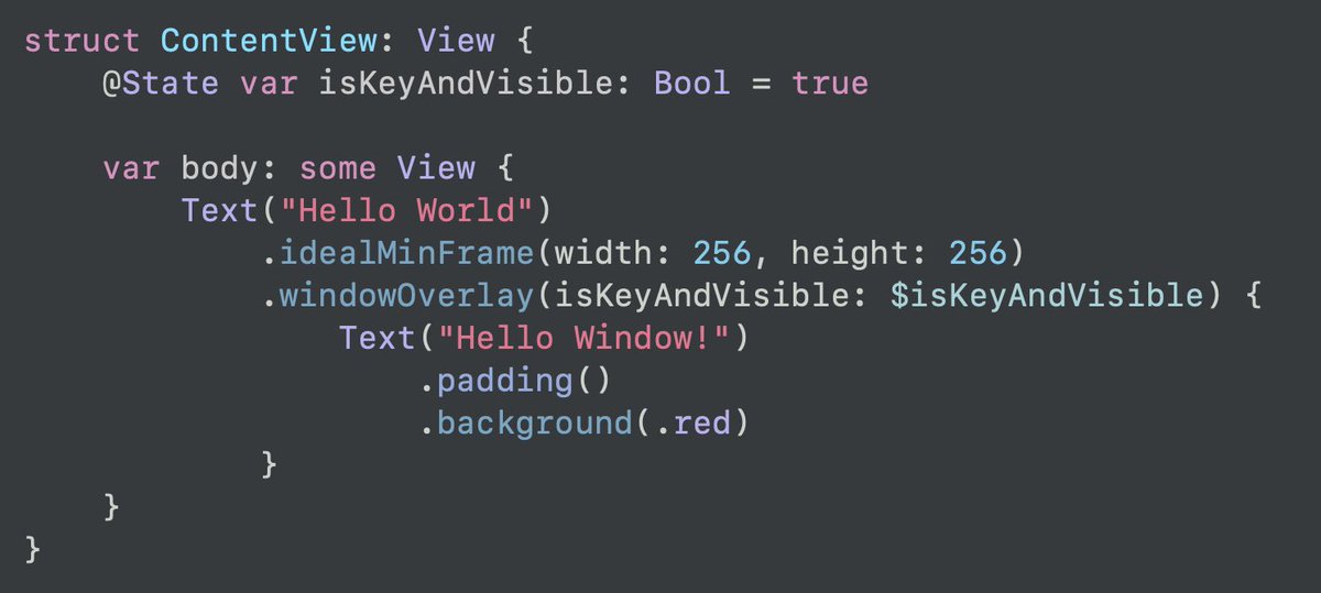 SwiftUIX's tweet image. SwiftUIX’s View/windowOverlay now supports macOS. You can now use it to open arbitrary NSWindow(s) with a View.sheet like syntax!