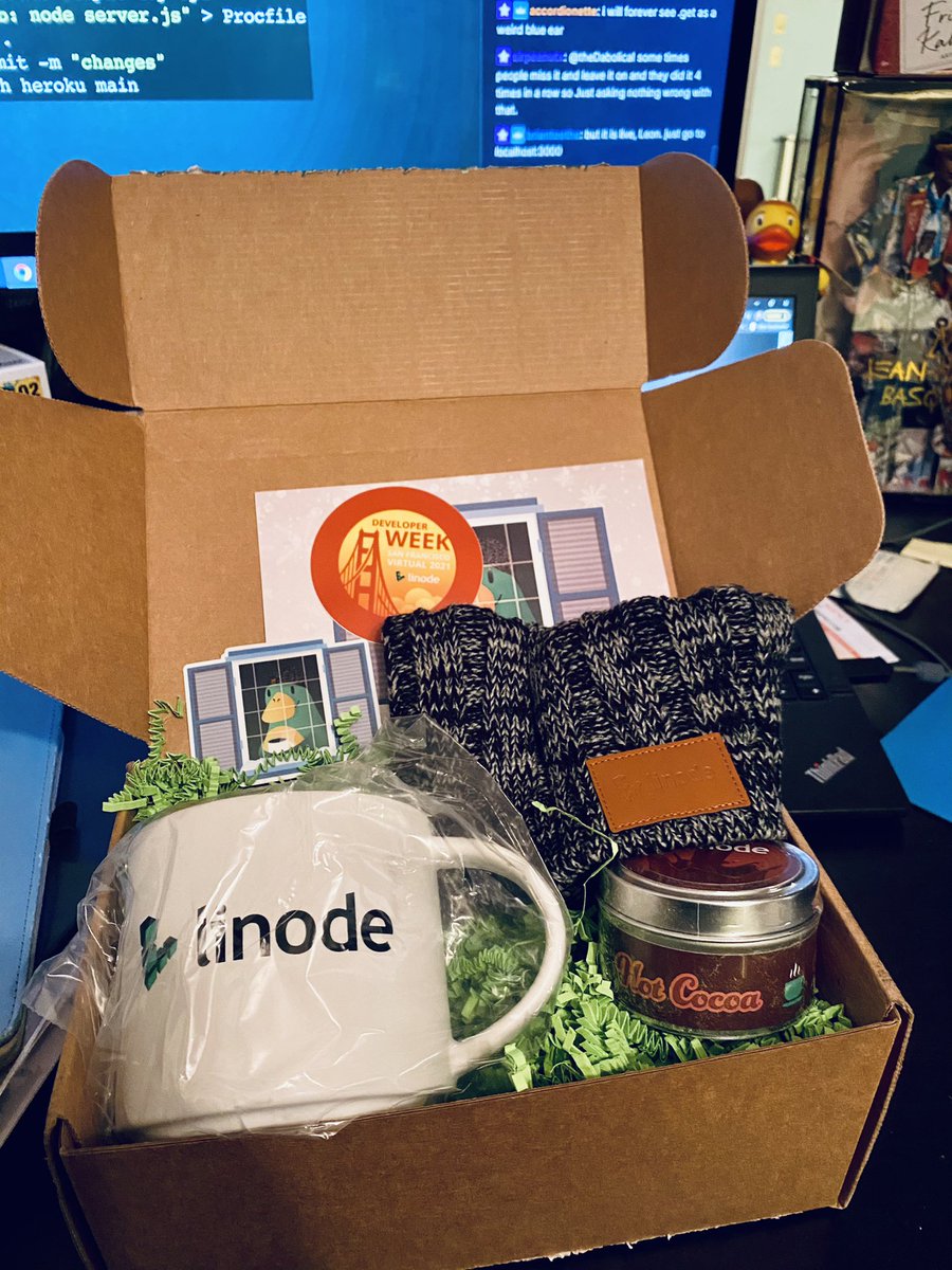 theArtofMissy's tweet photo. Recently attended the #DeveloperWeek virtual 2021 conference, learned so much & met cool people. Then this sweet DevWeek Virtual Goodie Box showed up 🙌🏾👩🏾💻 to complete a great experience! Ty @linode #beanie #hotcholate #mug #stickers #staywarm #DEVCommunity https://t.co/bhnxg3Y8Qp