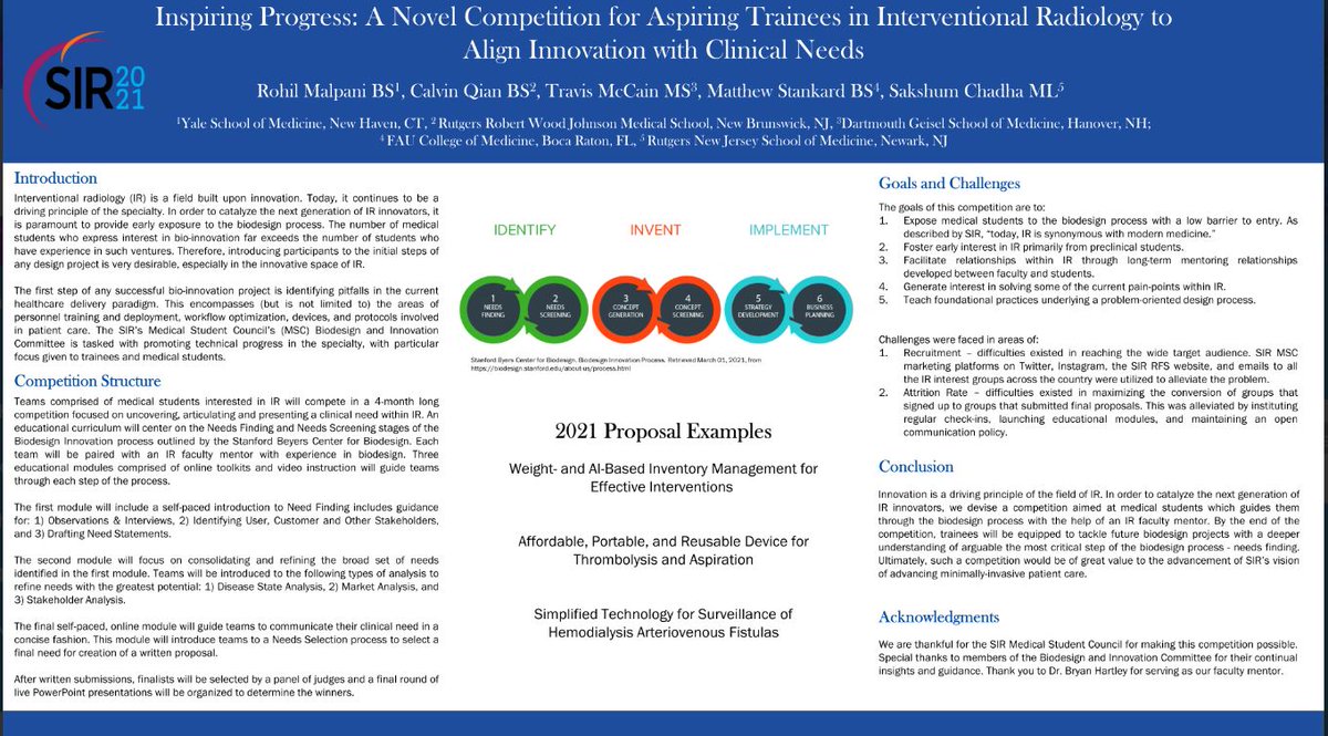 Before you log off #SIR2021 you should look at our poster below (from work at <a href="/SIRRFS/">SIR RFS</a> MSC) about a novel Clinical Needs in IR competition. Don't miss the finals which will be held on a SIR RFS webinar next week (link for registration below)!