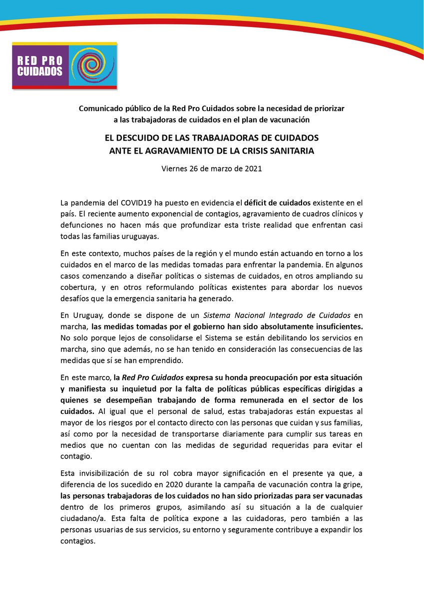 RedProCuidados's tweet photo. 📣 Comunicado público de la Red Pro Cuidados sobre la necesidad de priorizar a las trabajadoras de cuidados en el plan de vacunación:

El descuido a las trabajadoras de cuidados ante el agravamiento de la crisis sanitaria.

🔗 https://t.co/Z7ZJeMoKBD https://t.co/GrWhGCX4n2