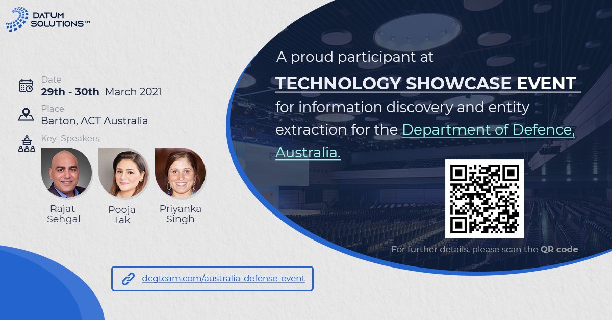 _Datumsolutions's tweet image. Datum is proud to participate in the Technology showcase event for information discovery and entity extraction for the Department of Defence , Australia. 
Join us virtually at: dcgteam.com/australia-defe… 
#technologyshowcaseevent #australiangovernment #datum