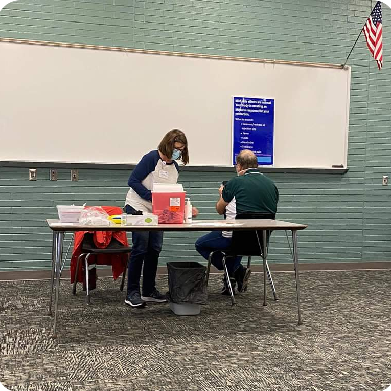 Pres_Thomson's tweet photo. Thankful to get my second shot today. Props to Tim Meister at Four County for hosting us, Dan Burklo at NSCC for assembling us and Joy Ermie for her leadership at Henry County Health Department.  Today, over 700 got their second shot as we get Henry County over 30% vaccinated. https://t.co/1YUH1q6m7M